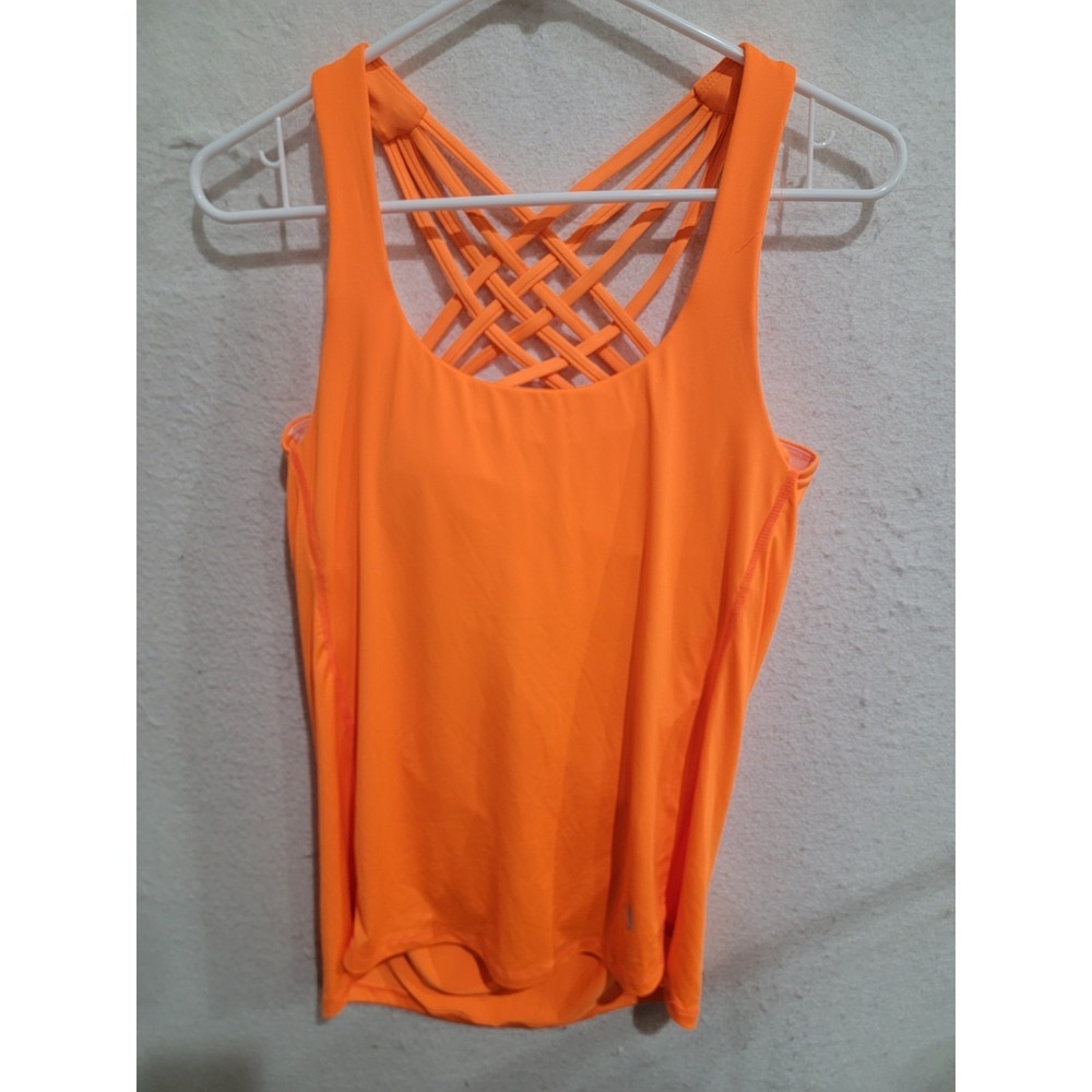 Icyzone Women's Medium Neon Orange Strappy Back Activewear Tank Top Built-in Bra
